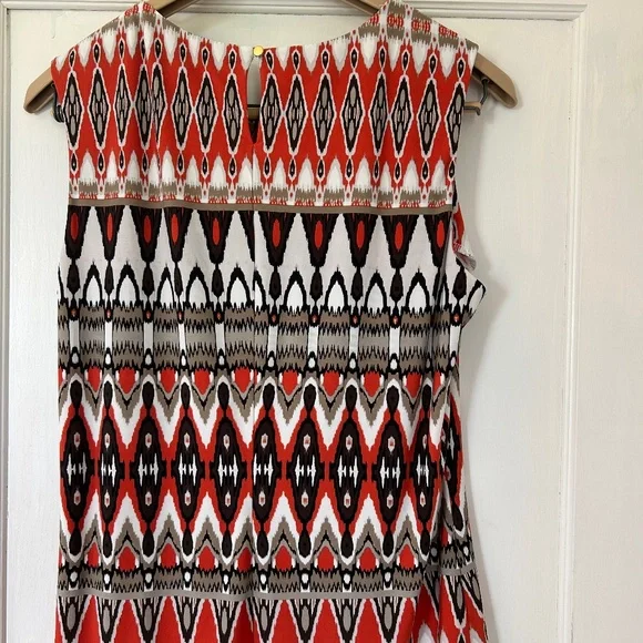 Calvin Klein Sleeveless Blouse Abstract Geometric Orange Tan Black White Ikat - Picture 3 of 13